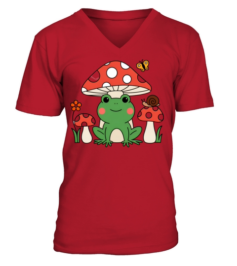 Trendy vintage Cute Happy Green Frog and Mushrooms V-Neck T-shirt