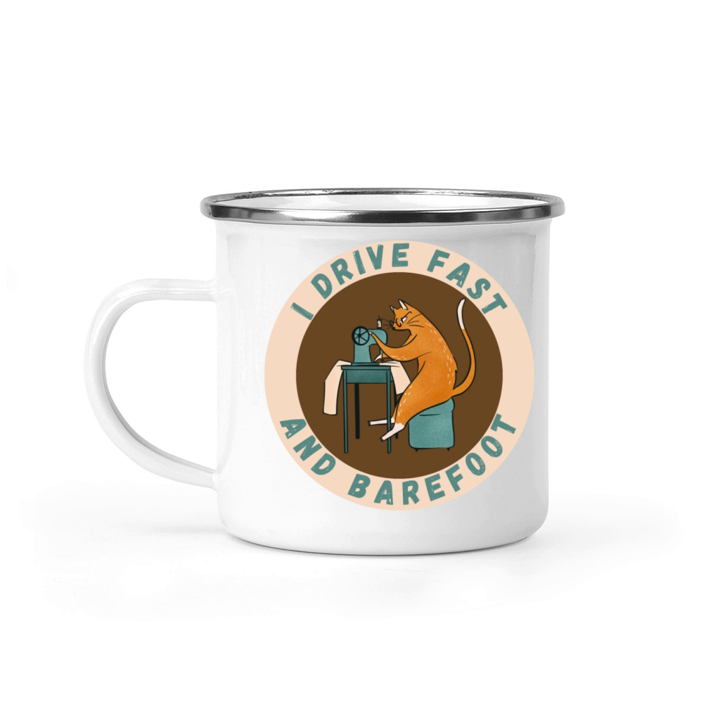 I Drive Fast and Barefoot Sewing - A Cat Sewing Camping Mug