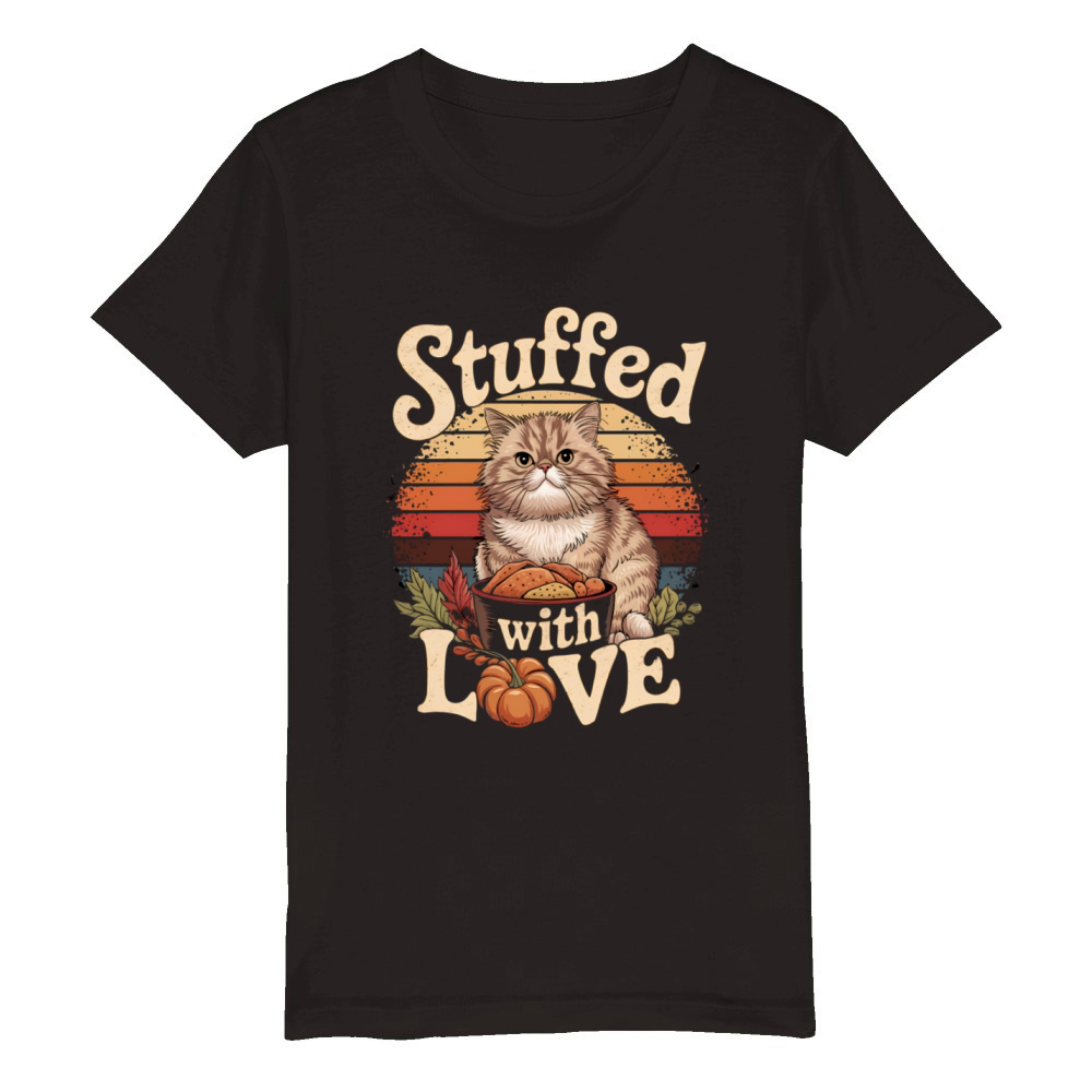 Playful Cat Stuffed with Love Funny Thanksgiving Organic Kids Crewneck T-shirt