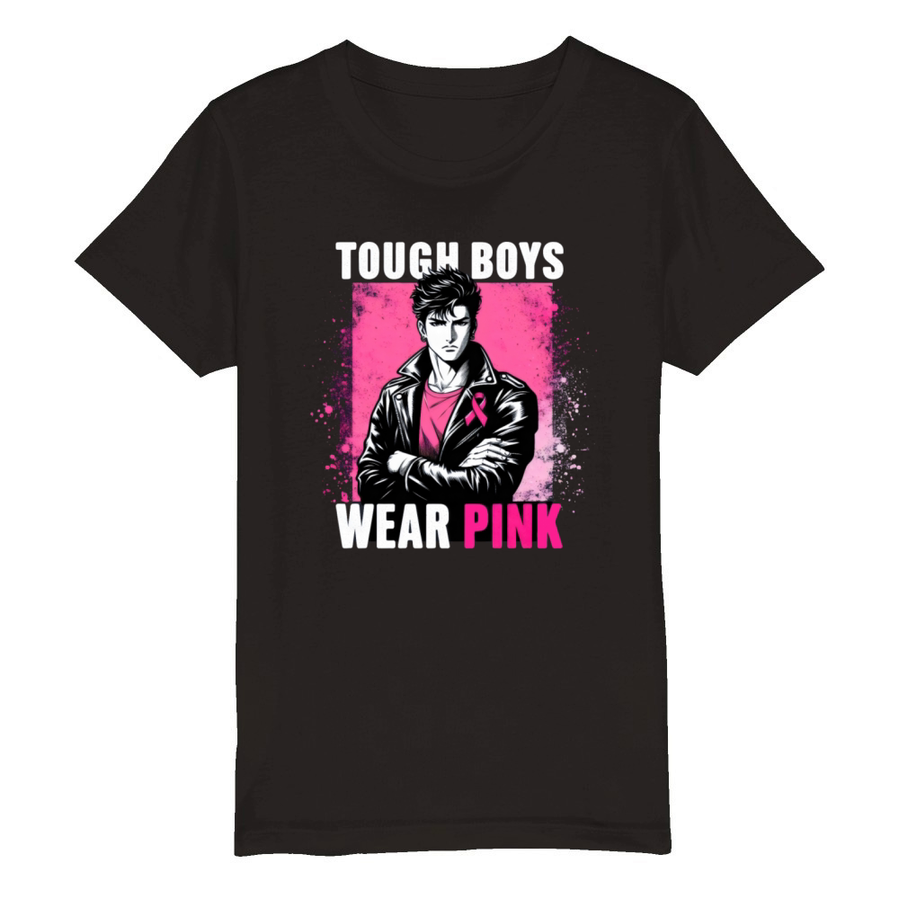 Tough Boy Wear Pink Anime Breast Cancer Awareness Organic Kids Crewneck T-shirt