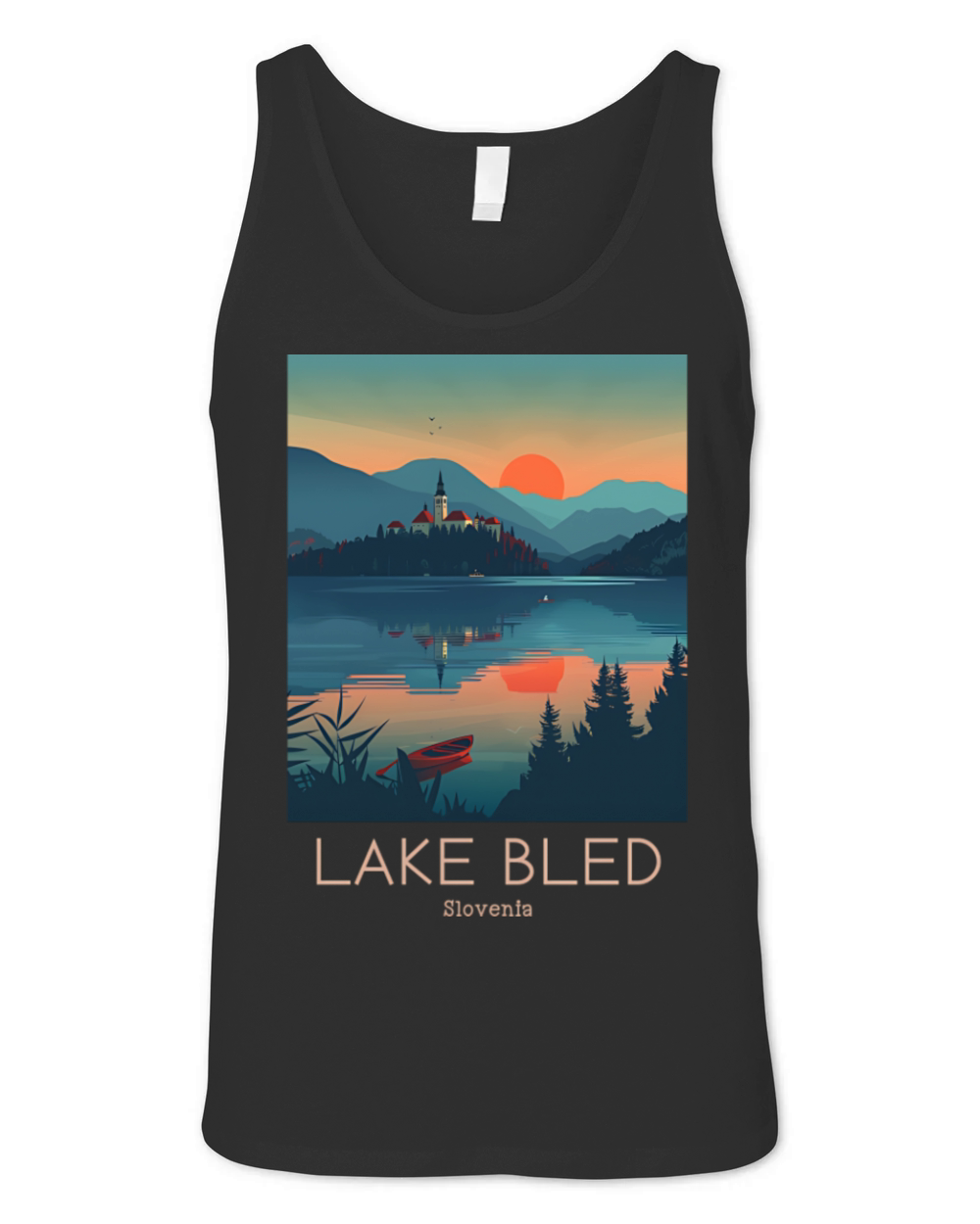 A Vintage Travel Illustration of Lake Bled Unisex Jersey Tank