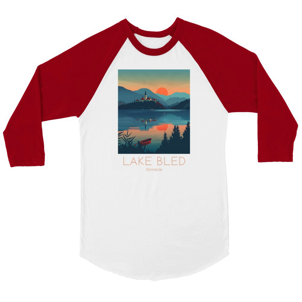 A Vintage Travel Illustration of Lake Bled Unisex ¾ sleeve Raglan T-shirt