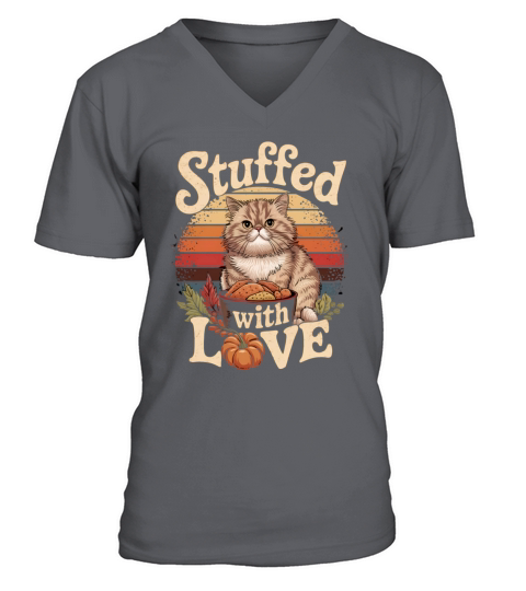 Playful Cat Stuffed with Love Funny Thanksgiving V-Neck T-shirt