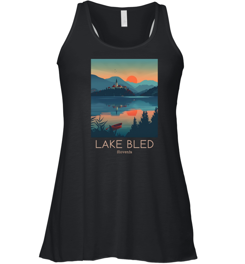 A Vintage Travel Illustration of Lake Bled Women's Flowy Tank Top