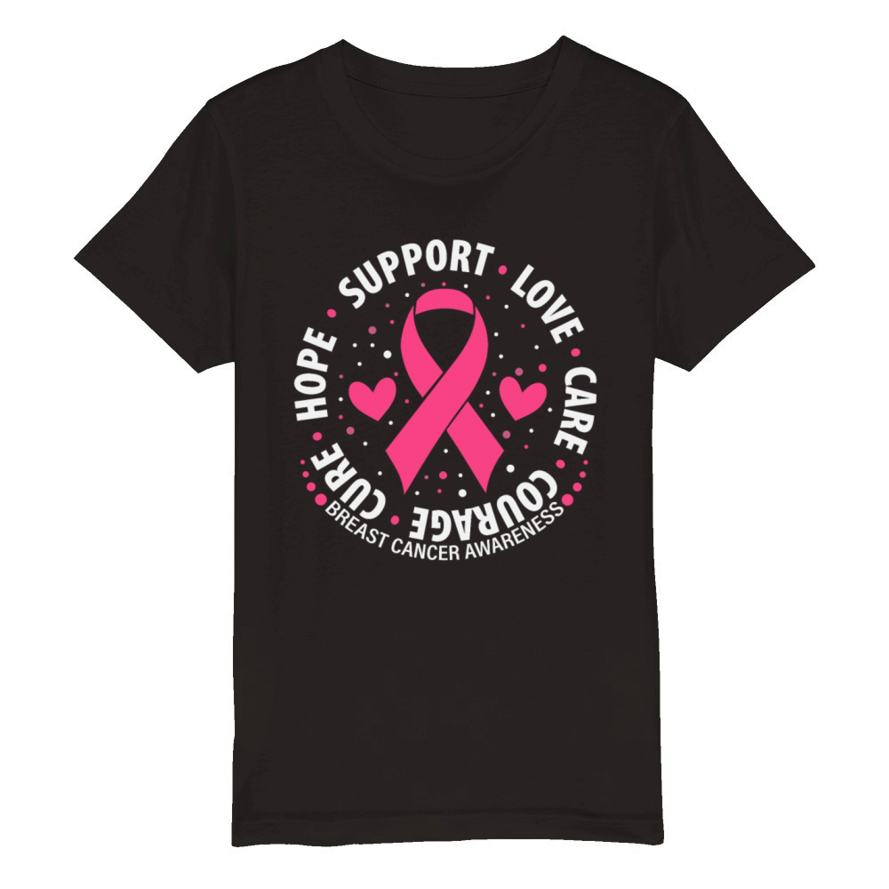 Breast Cancer Awareness Support Love Care Courage Organic Kids Crewneck T-shirt
