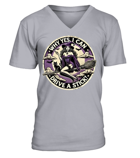 Witch with Broomstick and Cat Retro Halloween Art V-Neck T-shirt