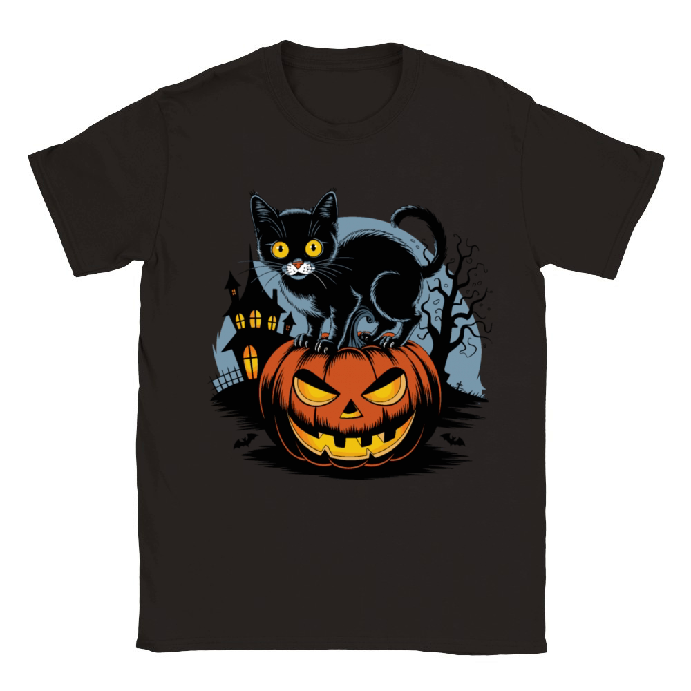 Halloween Cat Pumpkin Haunted House Vector Vintage Classic Kids Crewneck T-shirt