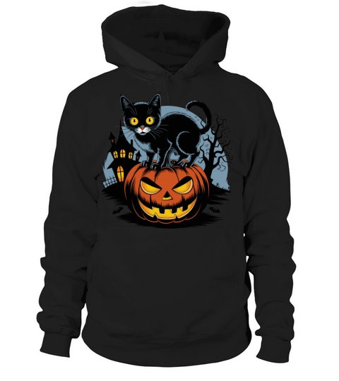 Halloween Cat Pumpkin Haunted House Vector Vintage Hoodie Unisex
