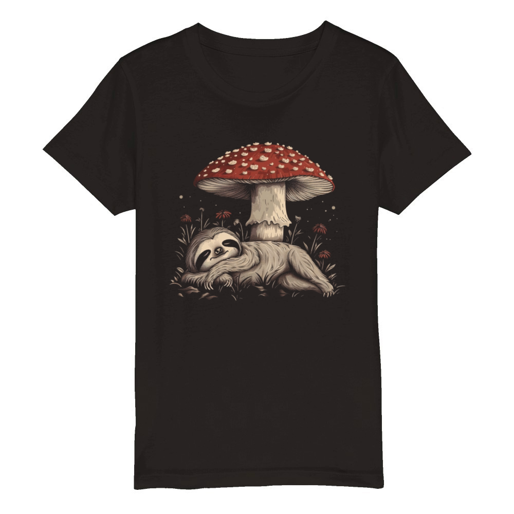 Cottagecore Aesthetic Sleeping Sloth Mushroom Vint Organic Kids Crewneck T-shirt