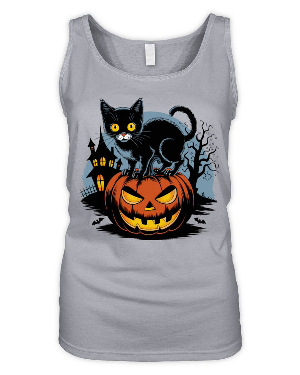 Halloween Cat Pumpkin Haunted House Vector Vintage Organic Women's Tank Top