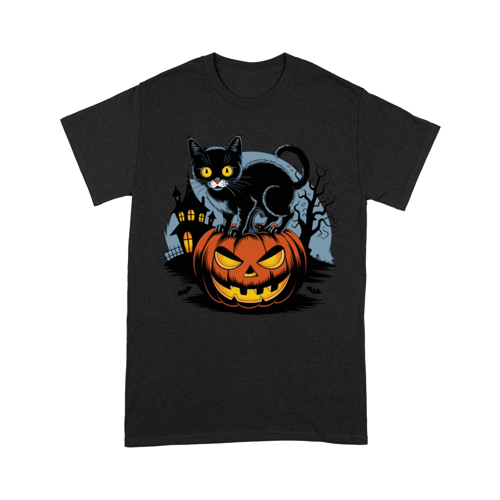 Halloween Cat Pumpkin Haunted House Vector Vintage Premium T-shirt