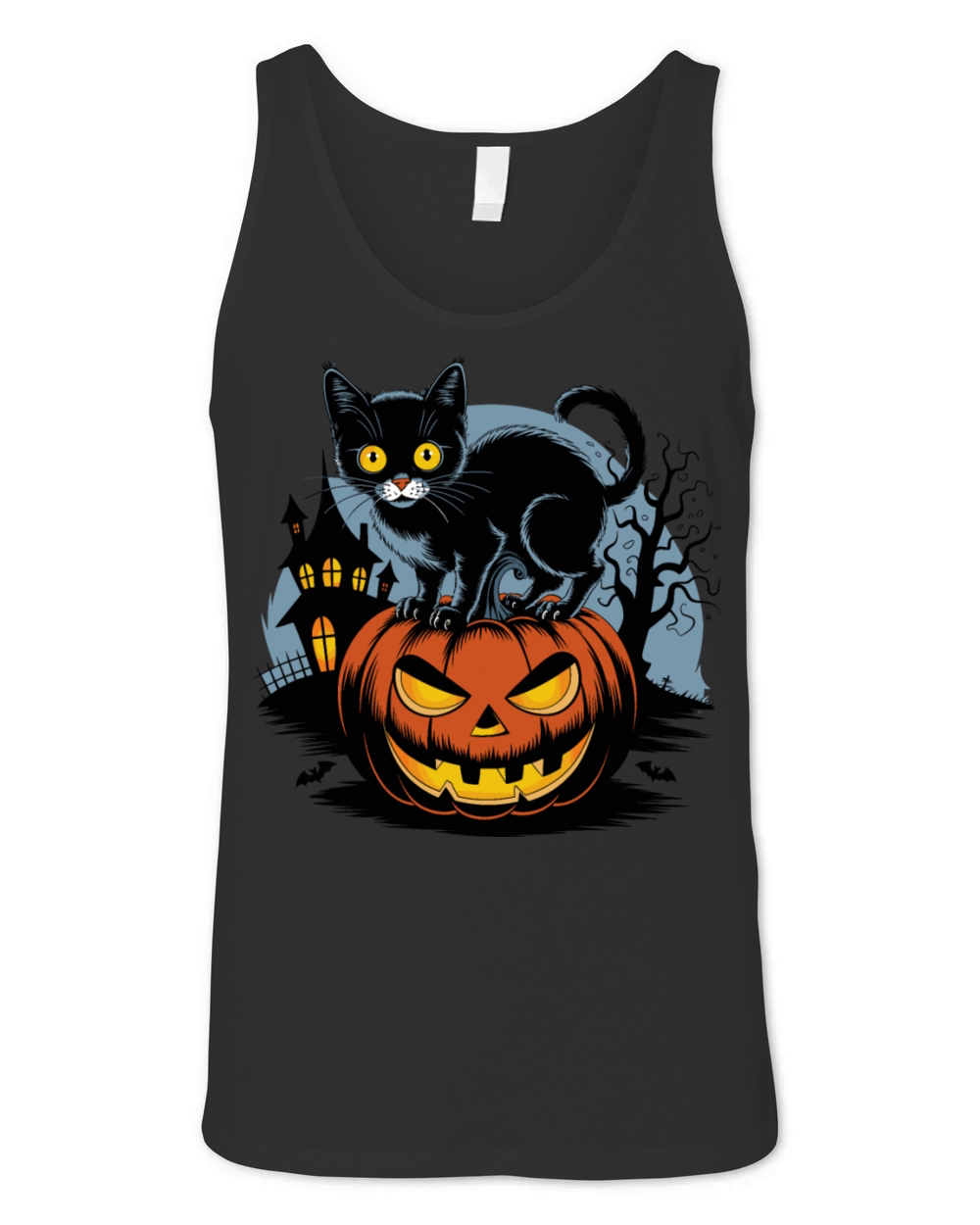 Halloween Cat Pumpkin Haunted House Vector Vintage Unisex Jersey Tank