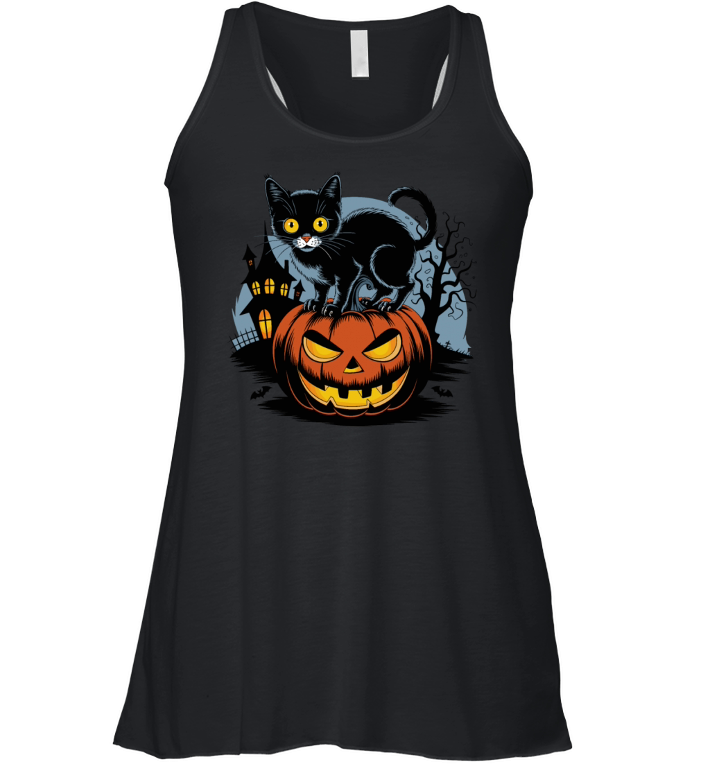 Halloween Cat Pumpkin Haunted House Vector Vintage Women's Flowy Tank Top