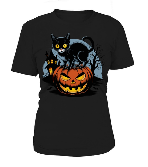 Halloween Cat Pumpkin Haunted House Vector Vintage Women's T-Shirt