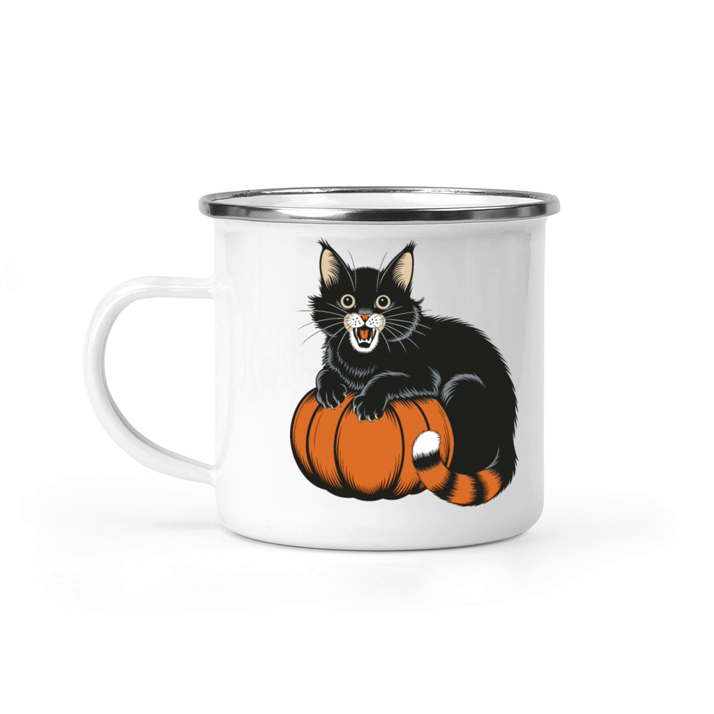 Surprised Halloween Cat With Pumpkin Vintage Style Camping Mug