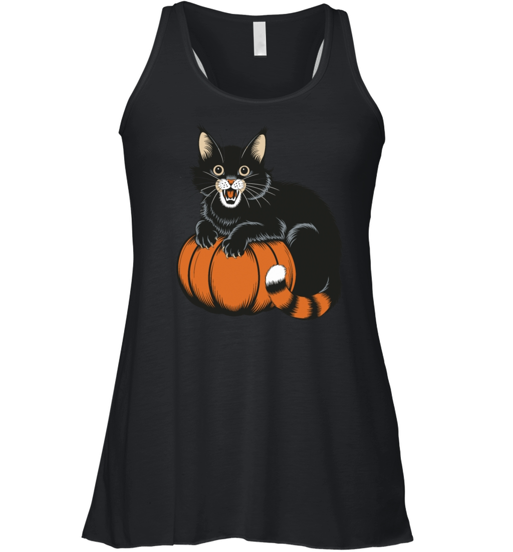 Surprised Halloween Cat With Pumpkin Vintage Style Women's Flowy Tank Top
