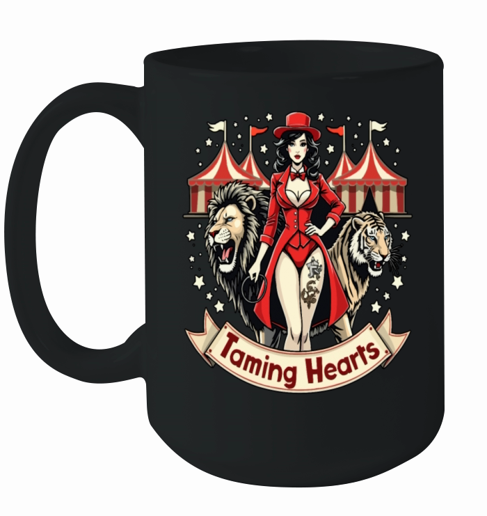 Taming Hearts Pinup with Lion and Ceramic Mug