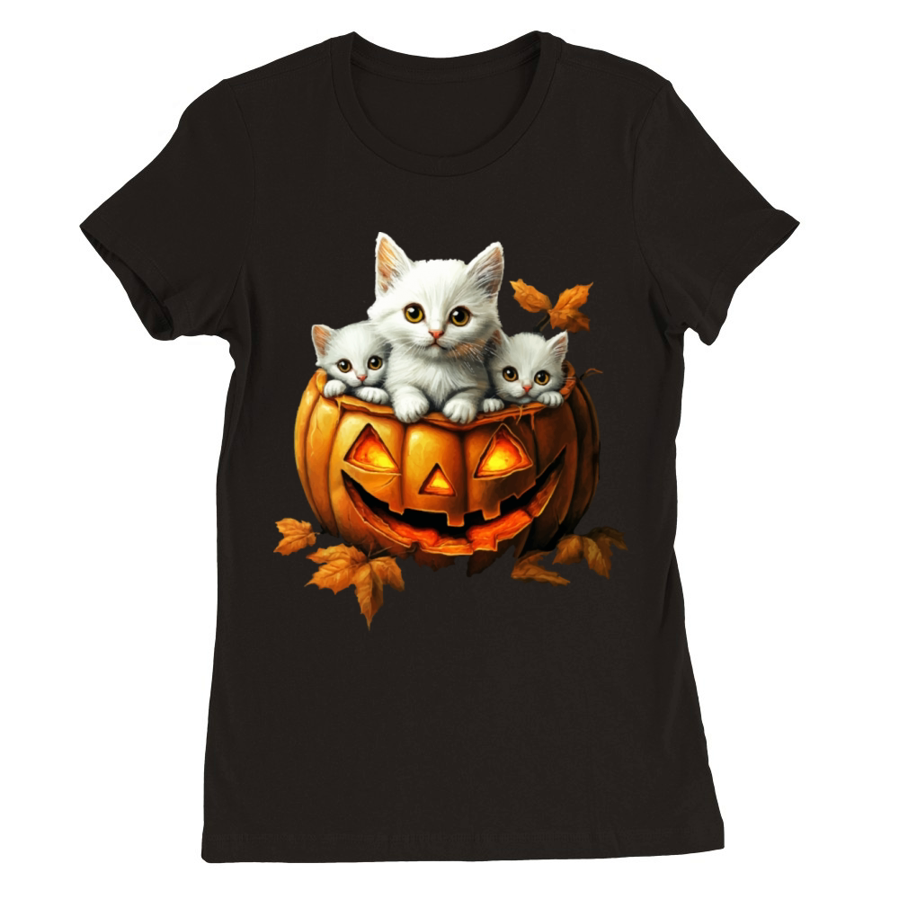 Tinny halloween kitty cat with a big Pumpkin Premium Womens Crewneck T-shirt