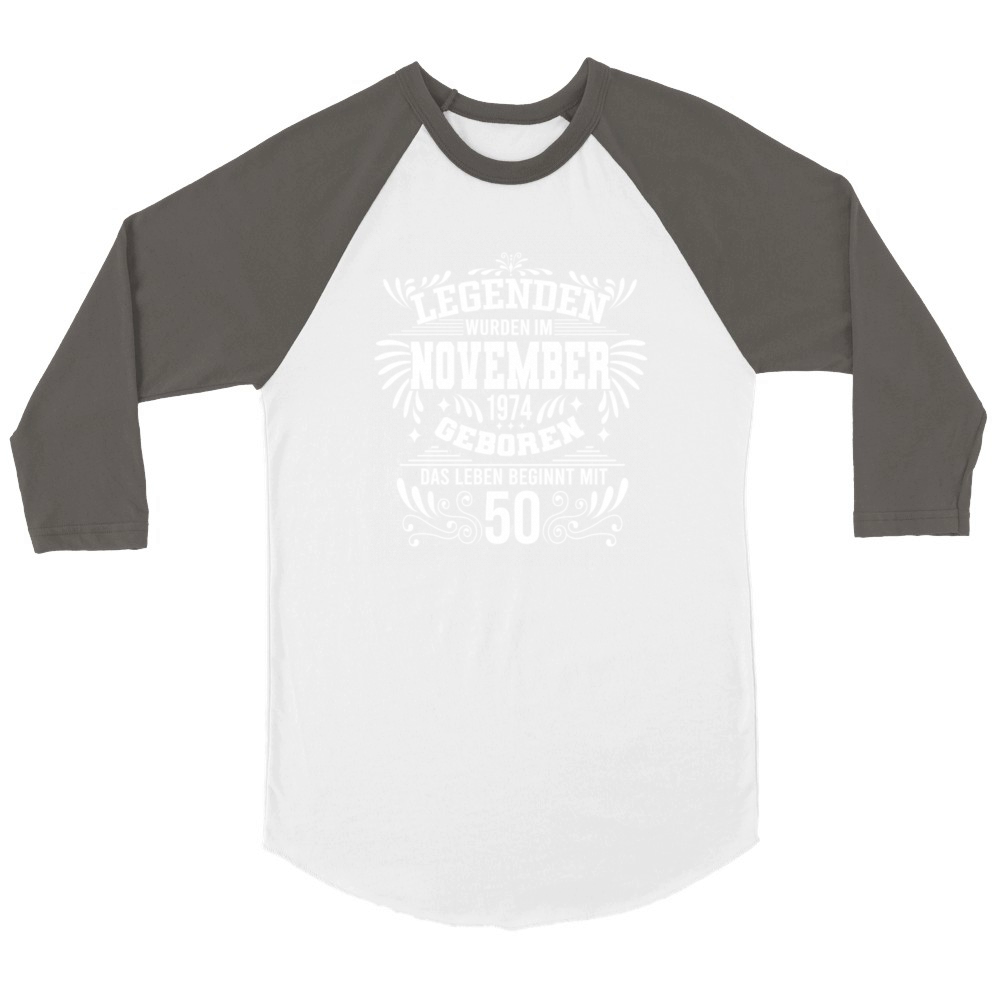 50 Birthday Legends Born 1974 November Retro Unisex ¾ sleeve Raglan T-shirt