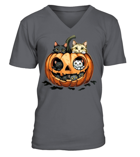 Tinny halloween kitty with a halloween pumpkin V-Neck T-shirt