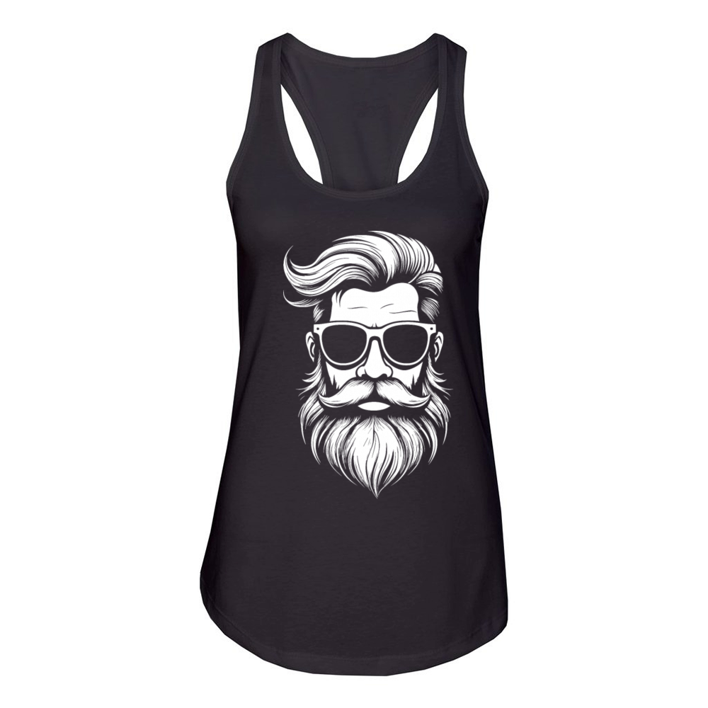 Black and white image of a bearded and mustachioed Women's Racerback Tank