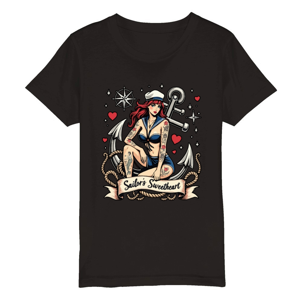 Sailors Sweetheart Pinup Nautical Organic Kids Crewneck T-shirt