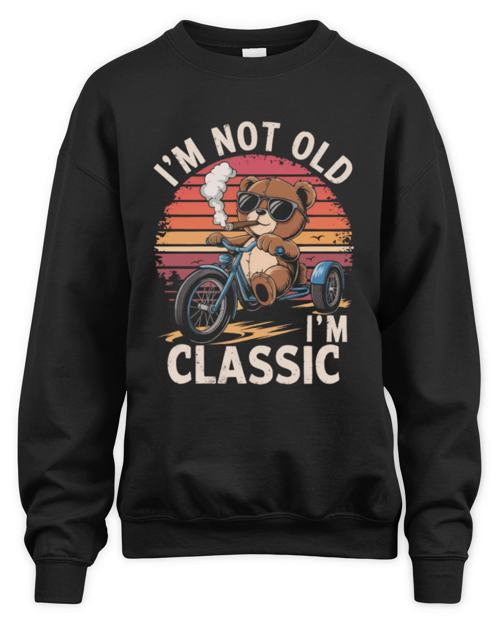 Teddy bear with sunglasses on tricycle with cigar Unisex Premium Crewneck Sweatshirt