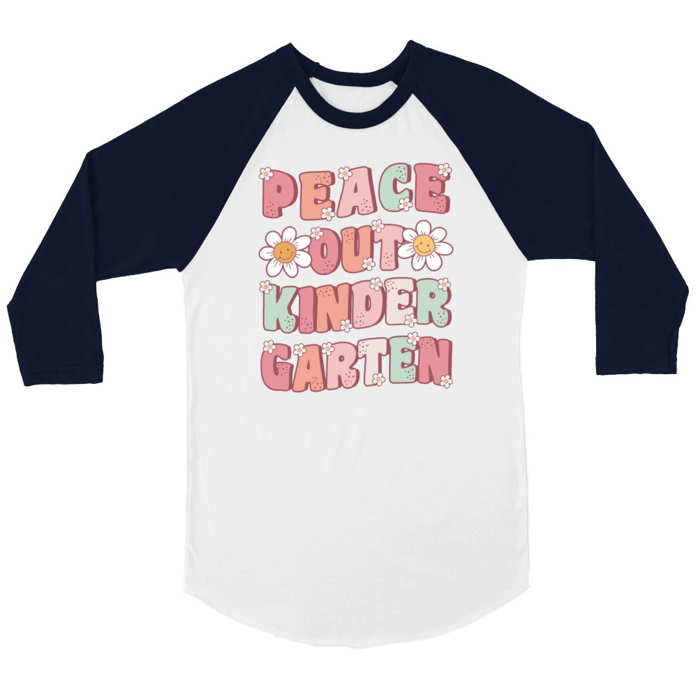 Peace Out Kindergarten Groovy Last Day Unisex ¾ sleeve Raglan T-shirt