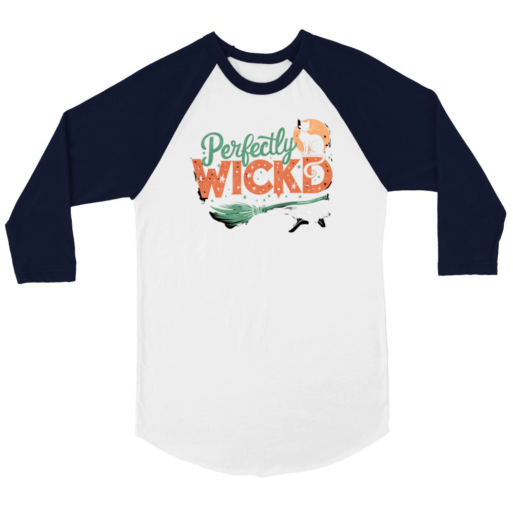 Perfectly Wicked Halloween Cat Moon Broom and Star Unisex ¾ sleeve Raglan T-shirt