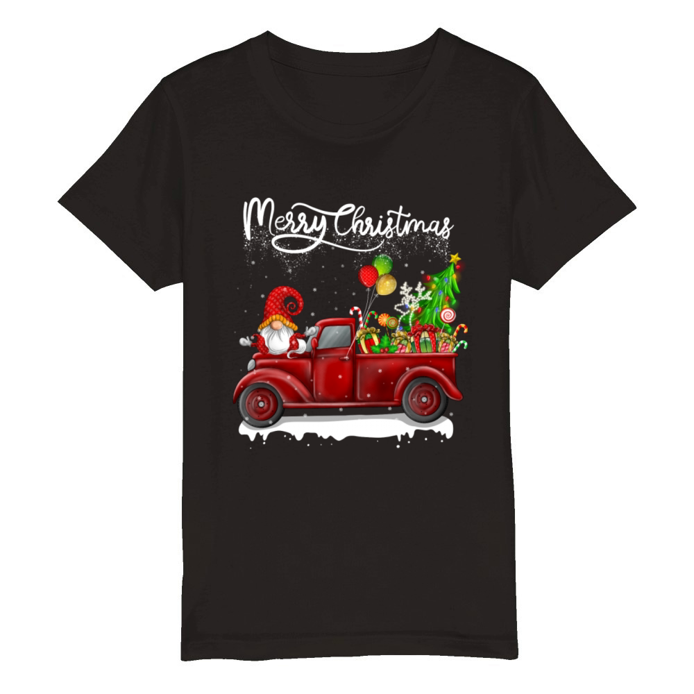Merry Christmas Vintage Red Truck Gnome Organic Kids Crewneck T-shirt