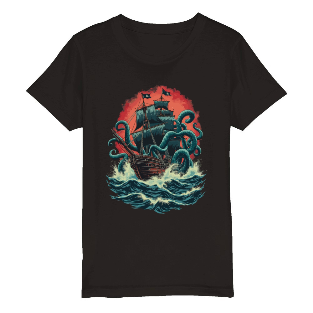 Pirate Ship Kraken Ocean Battle Giant Sea Monster Organic Kids Crewneck T-shirt