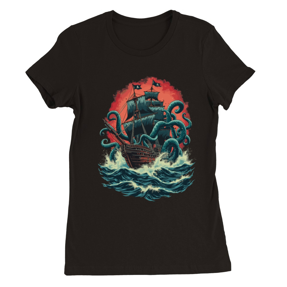 Pirate Ship Kraken Ocean Battle Giant Sea Monster Premium Womens Crewneck T-shirt