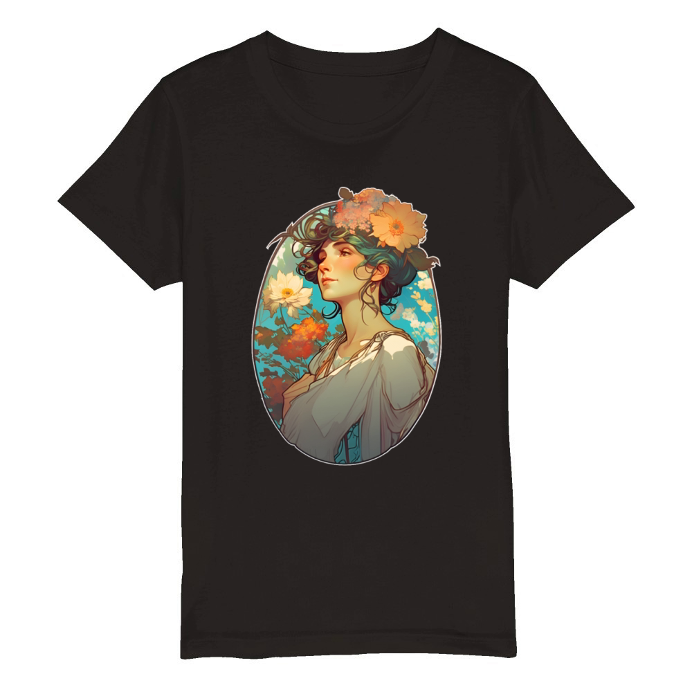 Floral woman Art Nouveau portrait Organic Kids Crewneck T-shirt