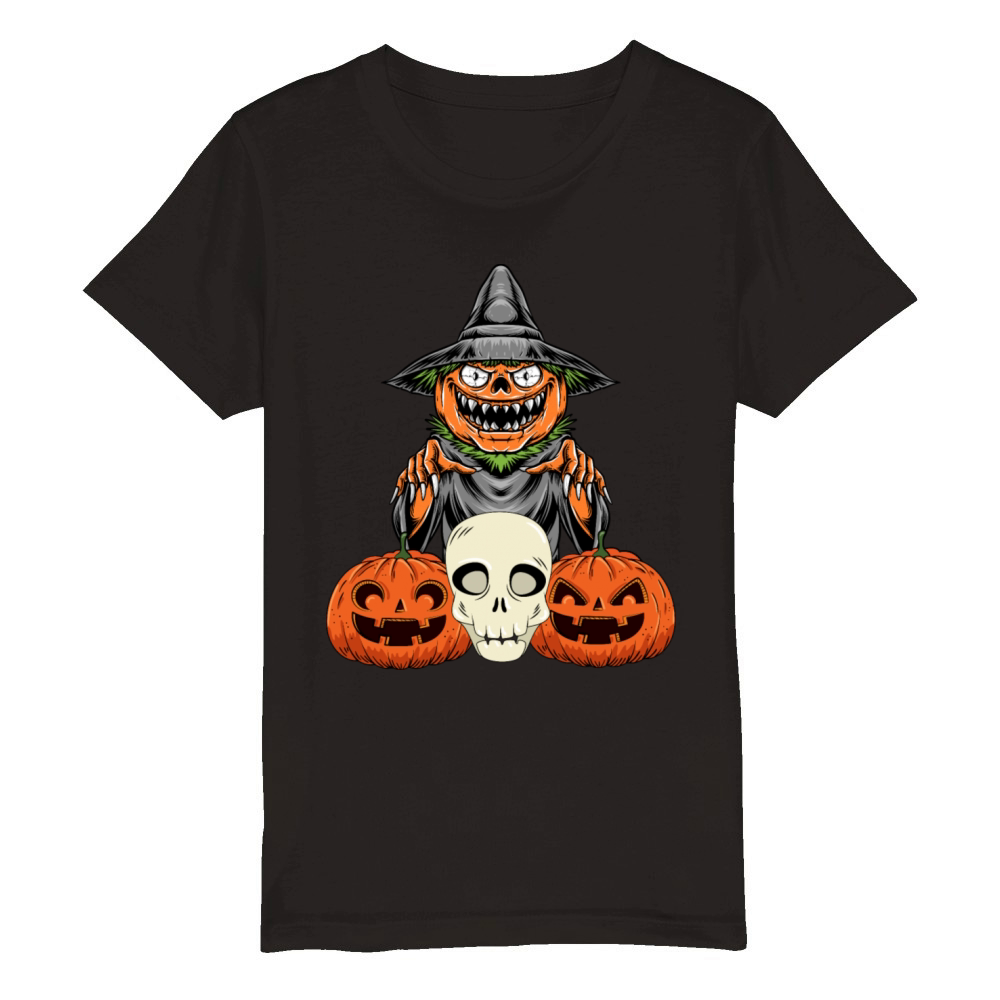 Pumpkin with Witch Hat Halloween T-Shirt Organic Kids Crewneck T-shirt