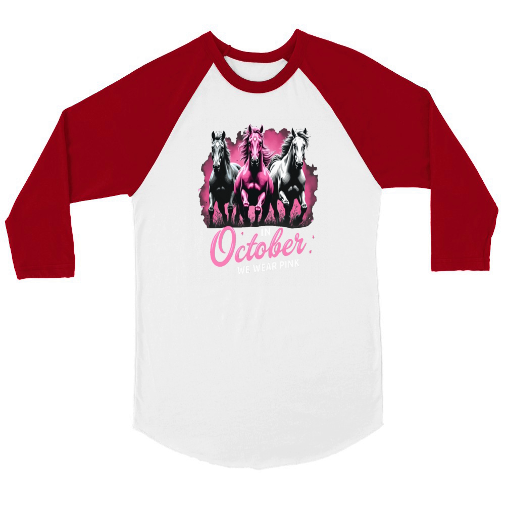 Horses for October Breast Cancer Unisex ¾ sleeve Raglan T-shirt