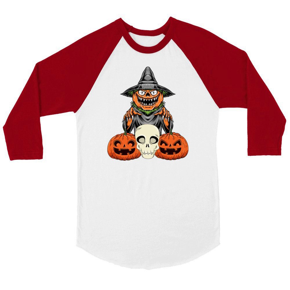 Pumpkin with Witch Hat Halloween T-Shirt Unisex ¾ sleeve Raglan T-shirt