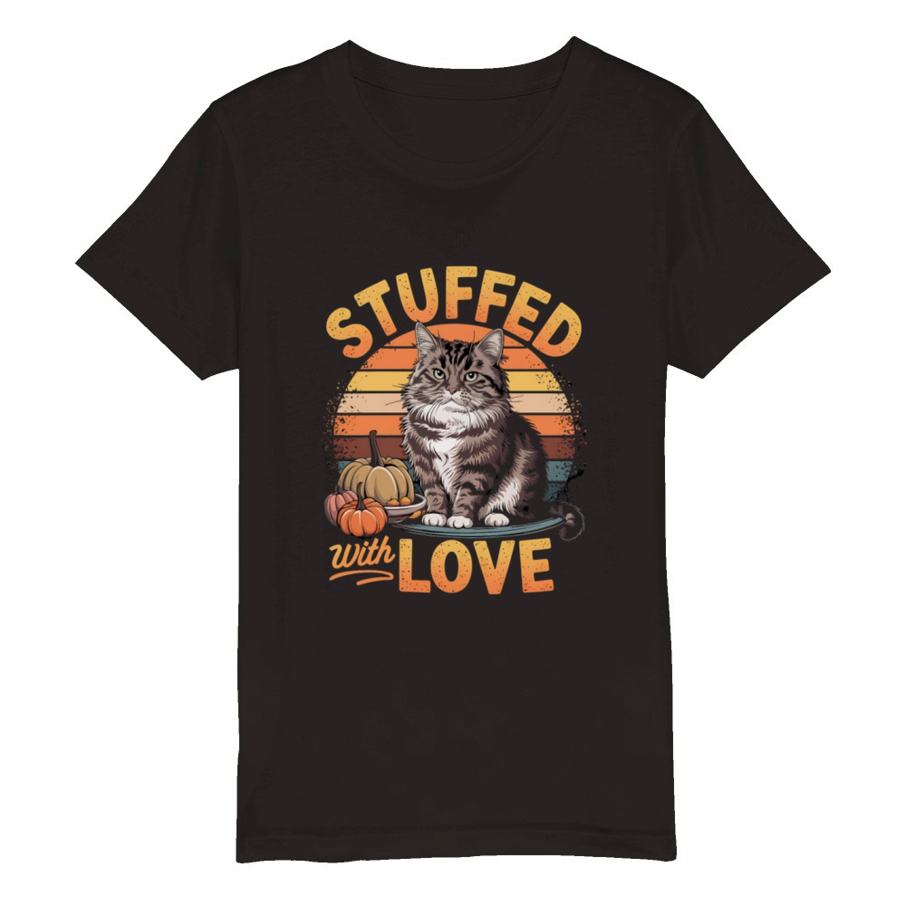 Cute Cat Stuffed with Love Cozy Thanksgiving Humor Organic Kids Crewneck T-shirt