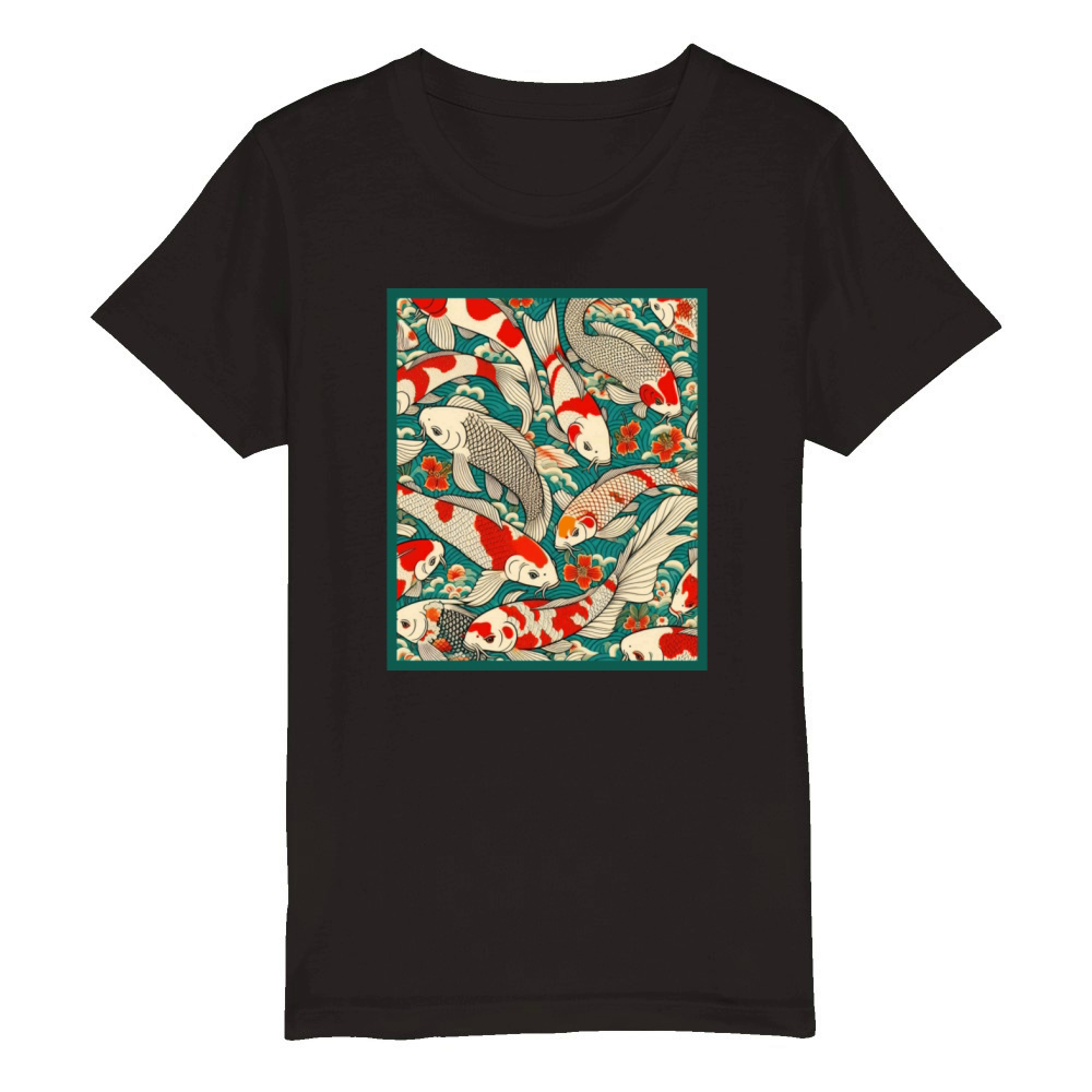 Vintage Japanese Koi Fish Pattern Organic Kids Crewneck T-shirt