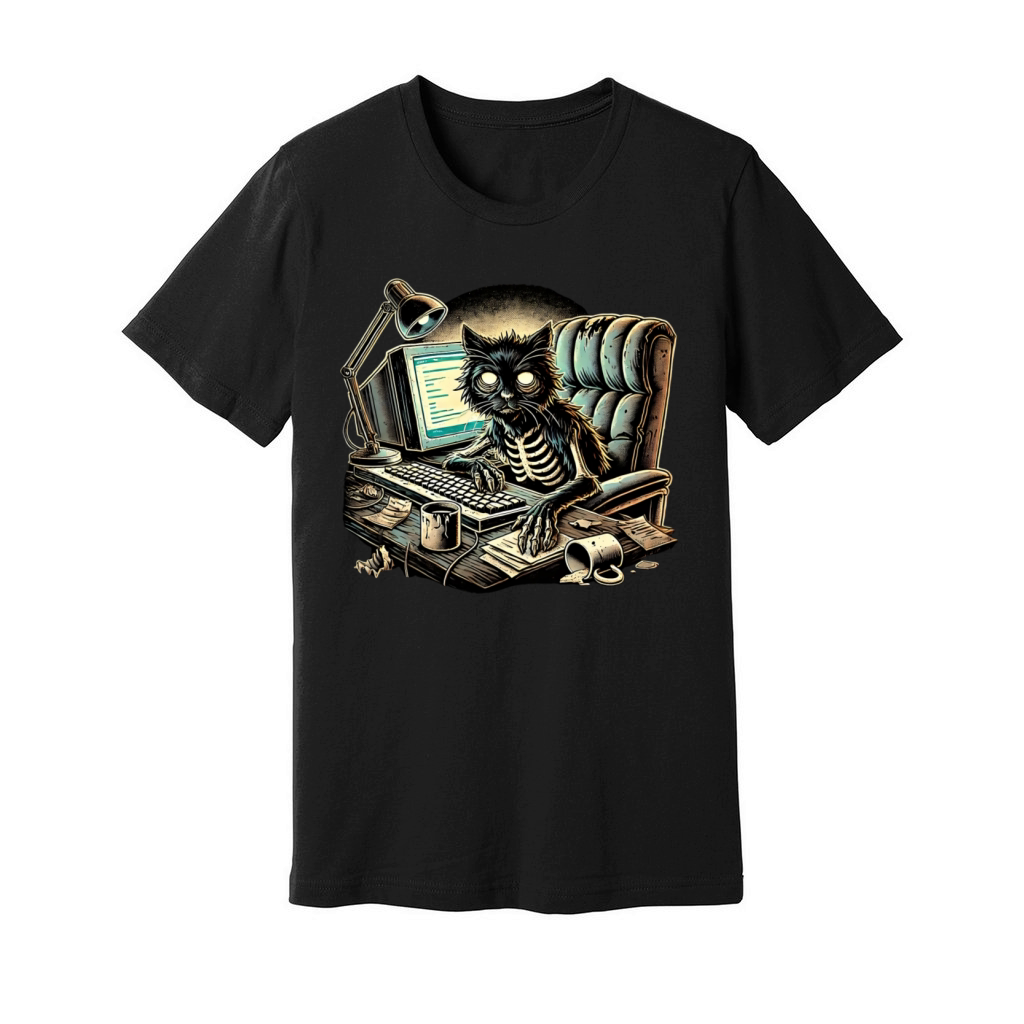 Post-Apocalyptic Cat Hacker with Skeleton Vibes Unisex Jersey Tee