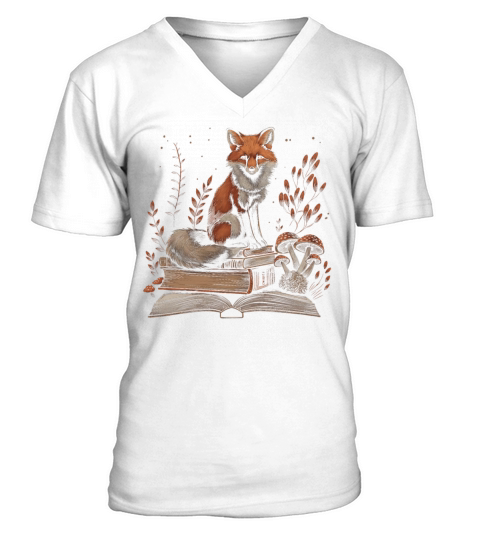 Cottagecore Aesthetic Fox Books Mushroom Vintage W V-Neck T-shirt