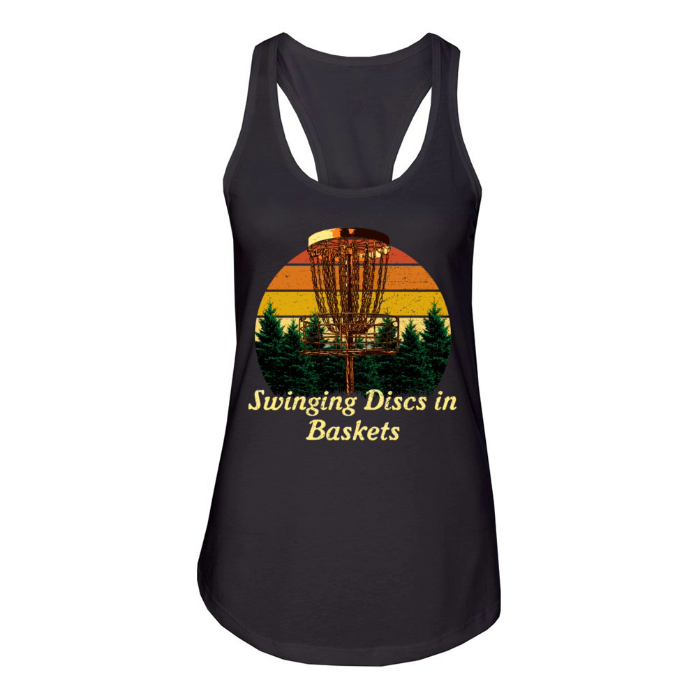 Swinging Discs in Baskets Disc Golf Sayings Golfer Women's Racerback Tank