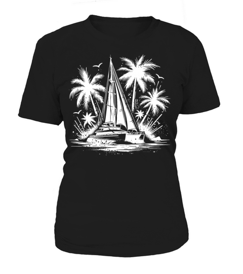 Double Hull Catamaran Sailing Boat With Palm Trees Women's T-Shirt