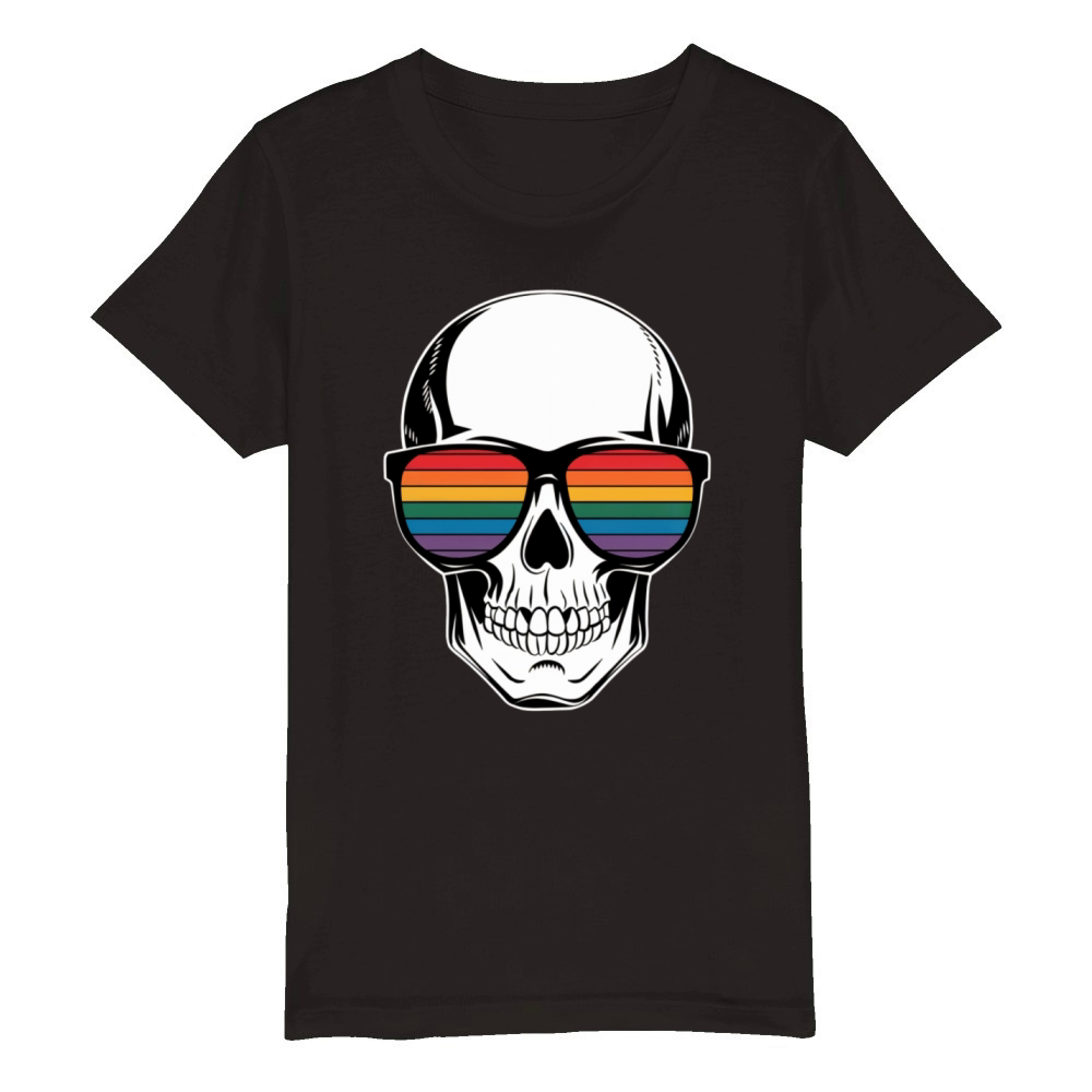Gay Pride LGBTQ Halloween Skull Rainbow Sunglasses Organic Kids Crewneck T-shirt