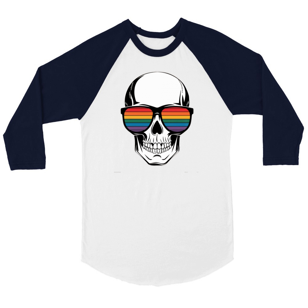 Gay Pride LGBTQ Halloween Skull Rainbow Sunglasses Unisex ¾ sleeve Raglan T-shirt
