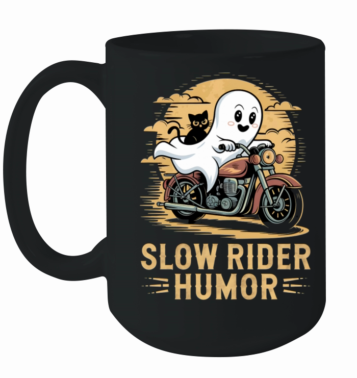 Slow Rider Humor Ghost and Cat Motorcycle Fun Art Ceramic Mug