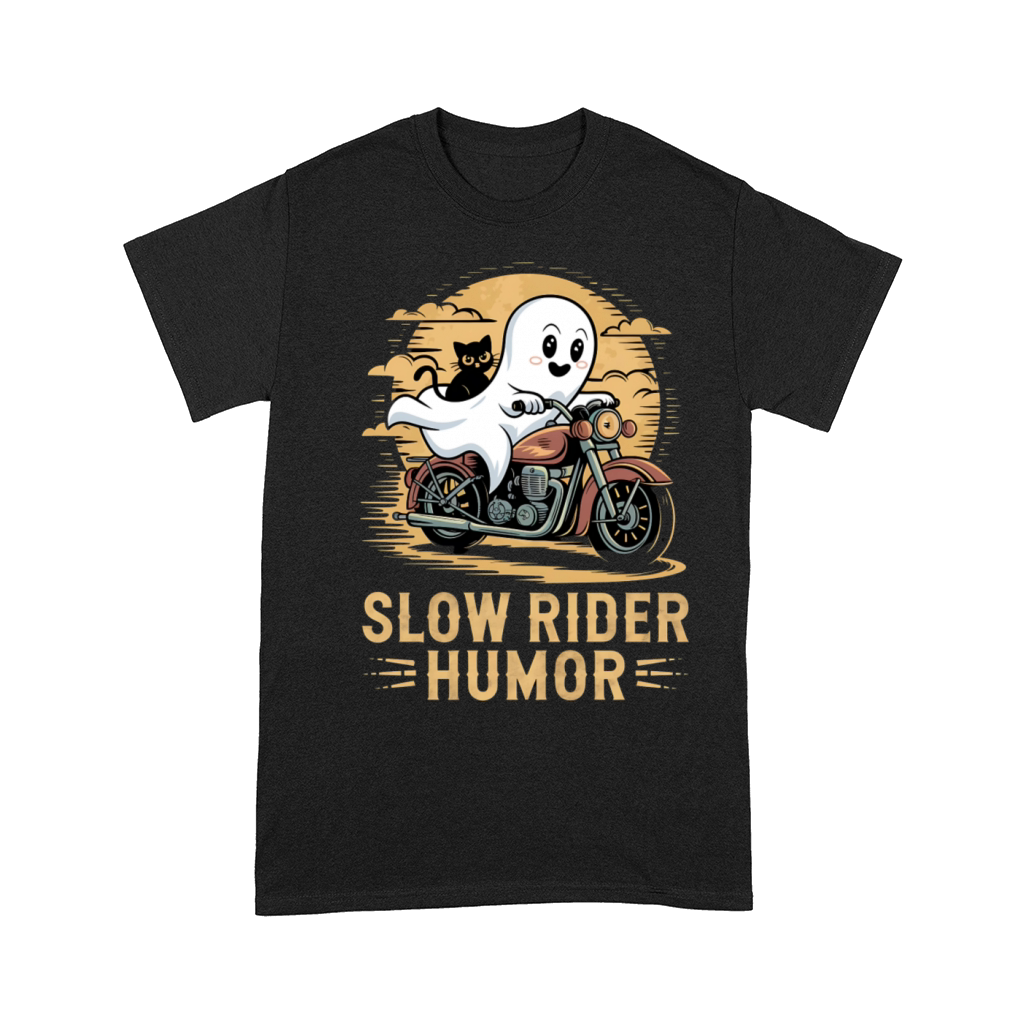 Slow Rider Humor Ghost and Cat Motorcycle Fun Art Comfort T-shirt