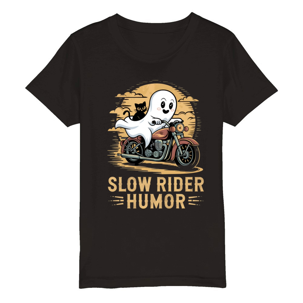 Slow Rider Humor Ghost and Cat Motorcycle Fun Art Organic Kids Crewneck T-shirt