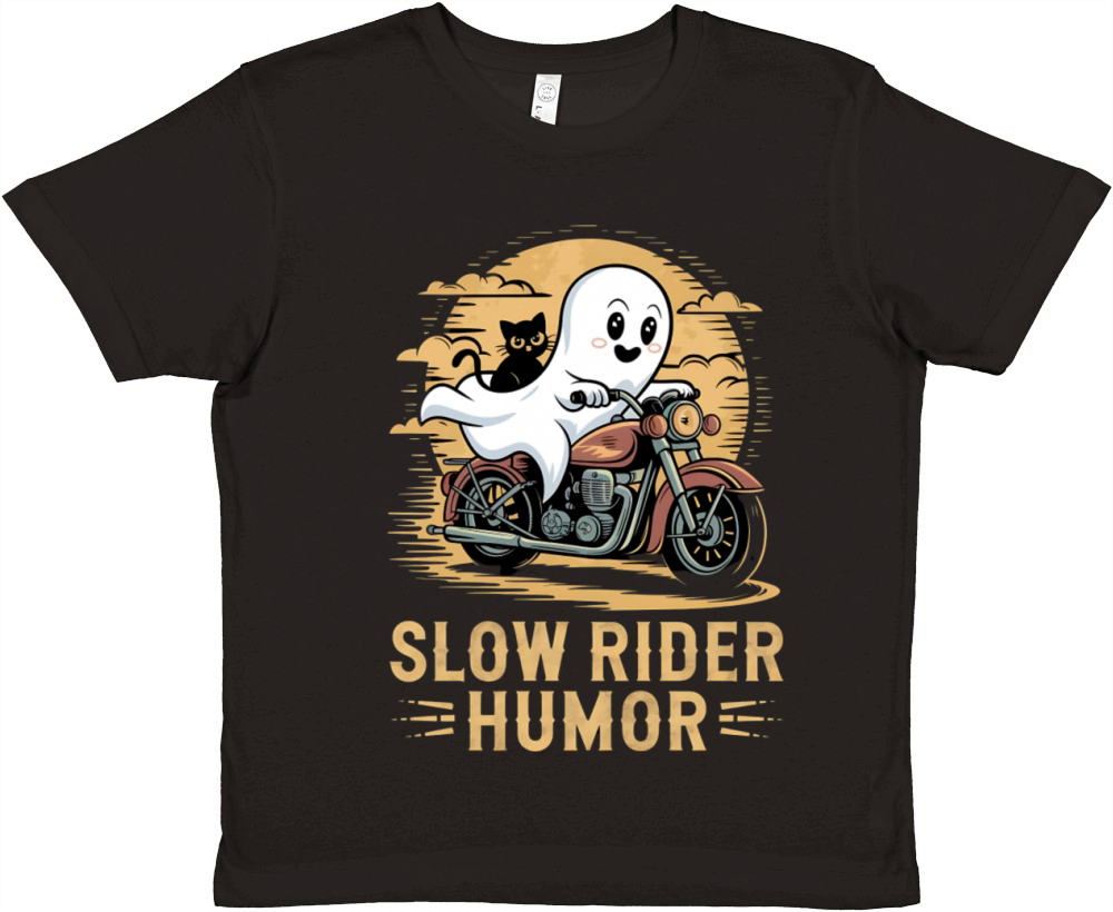 Slow Rider Humor Ghost and Cat Motorcycle Fun Art Premium Kids Crewneck T-shirt