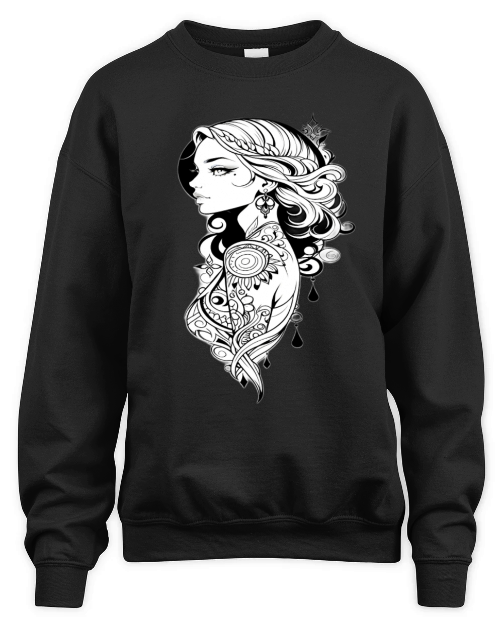 Elegant Tattoo-Inspired Art Woman with Flower Unisex Premium Crewneck Sweatshirt