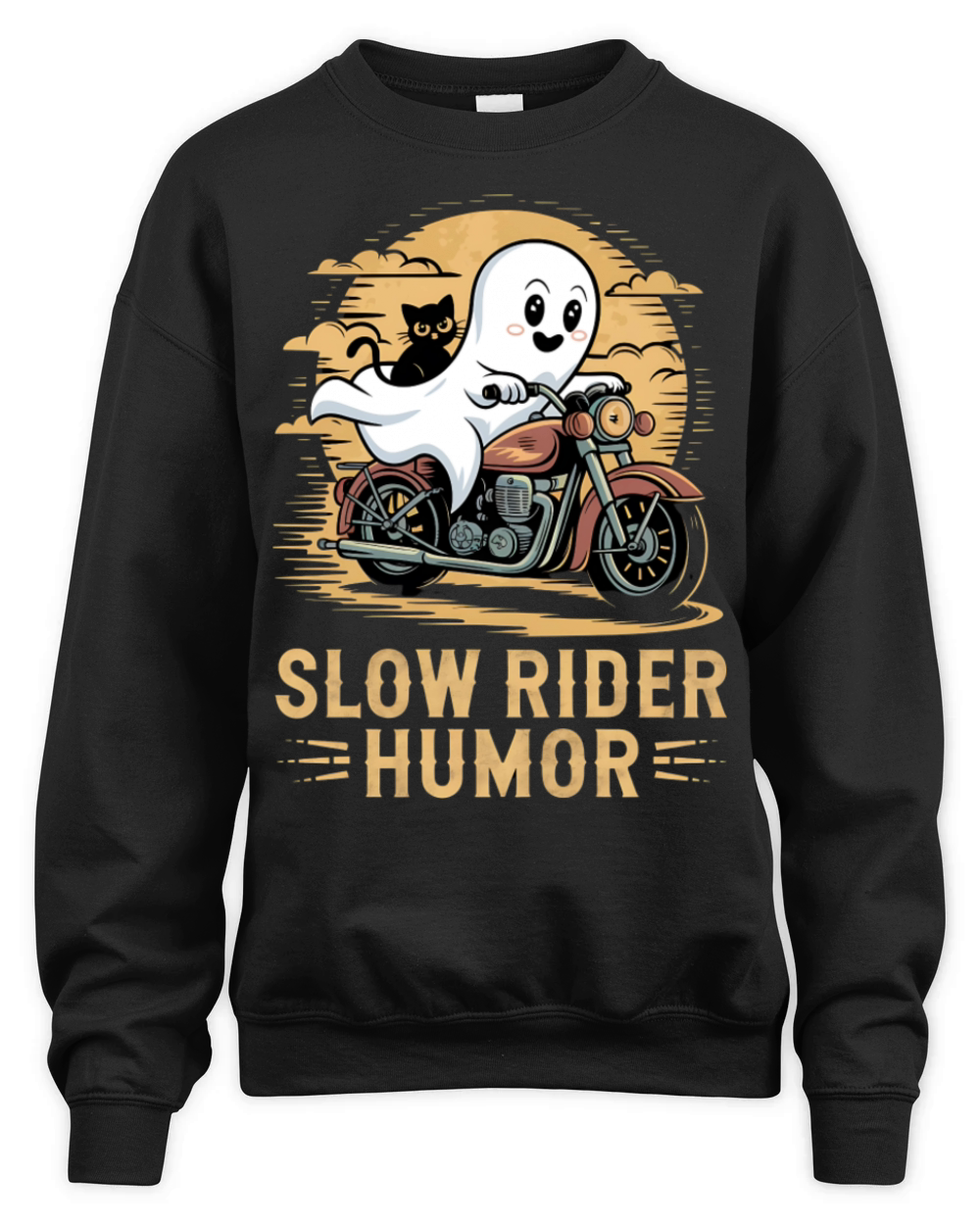 Slow Rider Humor Ghost and Cat Motorcycle Fun Art Unisex Premium Crewneck Sweatshirt